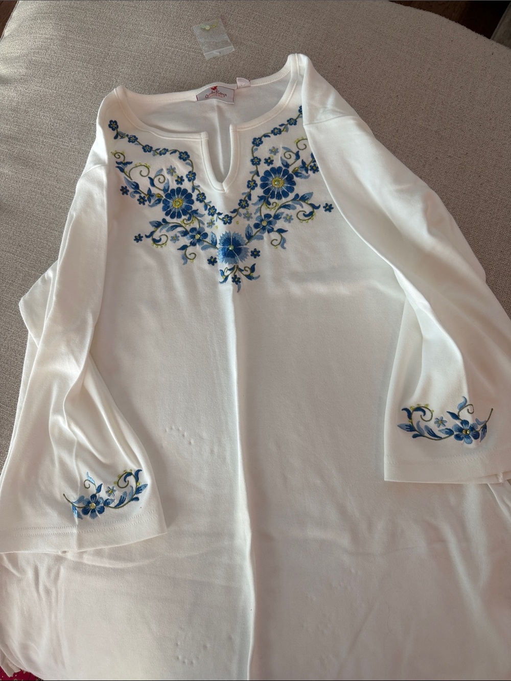 Quacker Factory White 3/4 Sleeve Top with Blue Floral Embroidery